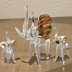 Unique Elephants, Glass, Golden Ears 2.25" & 3.50" Tall. Hand blown