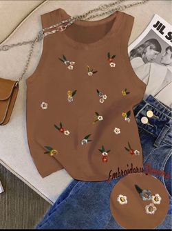 Brown Floral Embroidery Sleeveless Tank Top