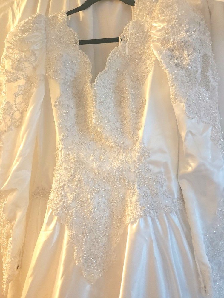 White Beaded Wedding Dress With Long Train