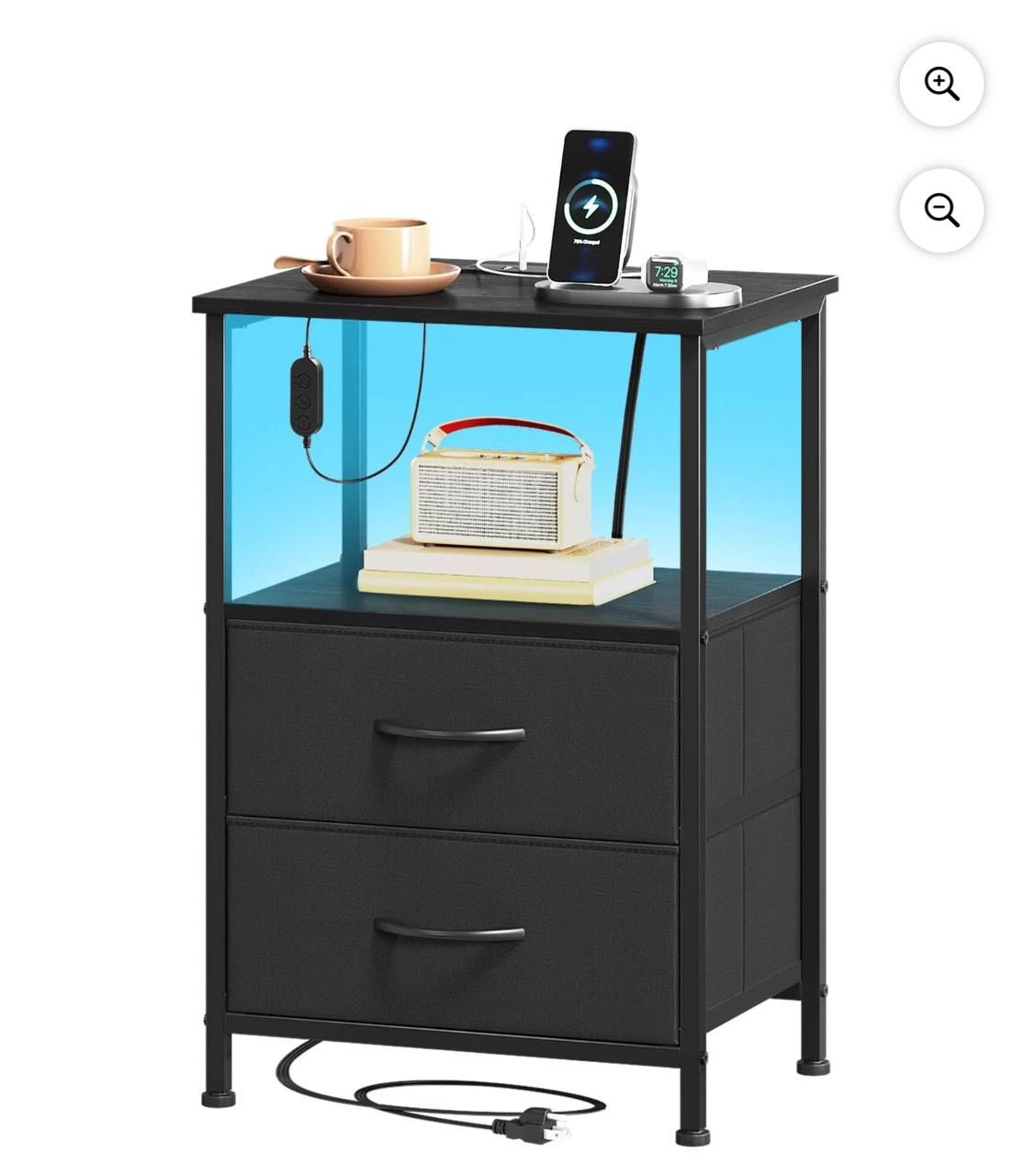 Nightstand with Charging Station, LED and Open Shelf