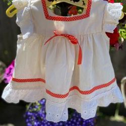 Vtg Girls 12 Months? Cream Lace Dot Trim Apron Dress