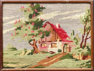 Red Roof Cottage framed vintage needlepoint tapestry urban landscape countryside