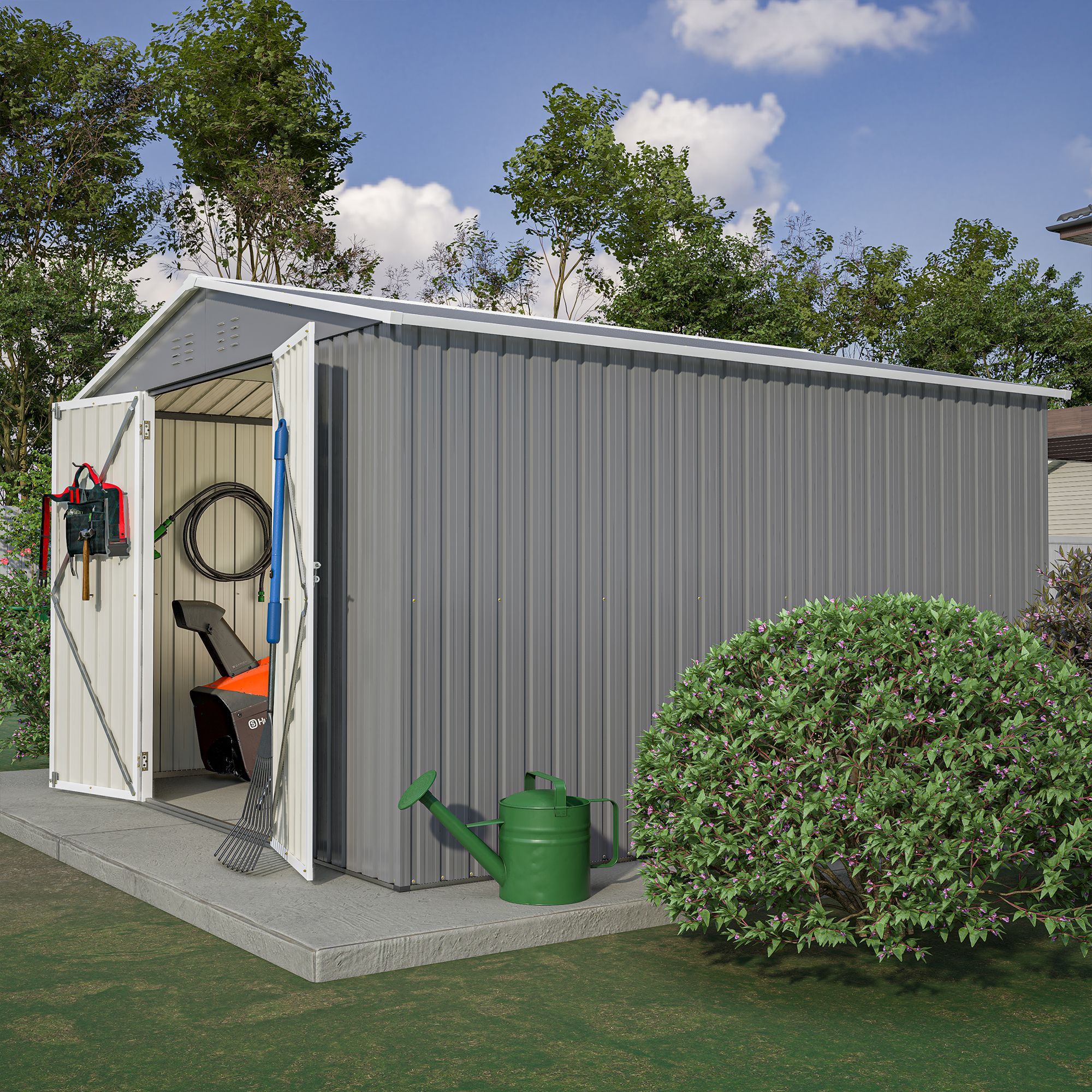 10x10 Outdoor Storage: Grey Metal Shed, Lockable Doors, Ideal for Backyard Patio Lawn Tools