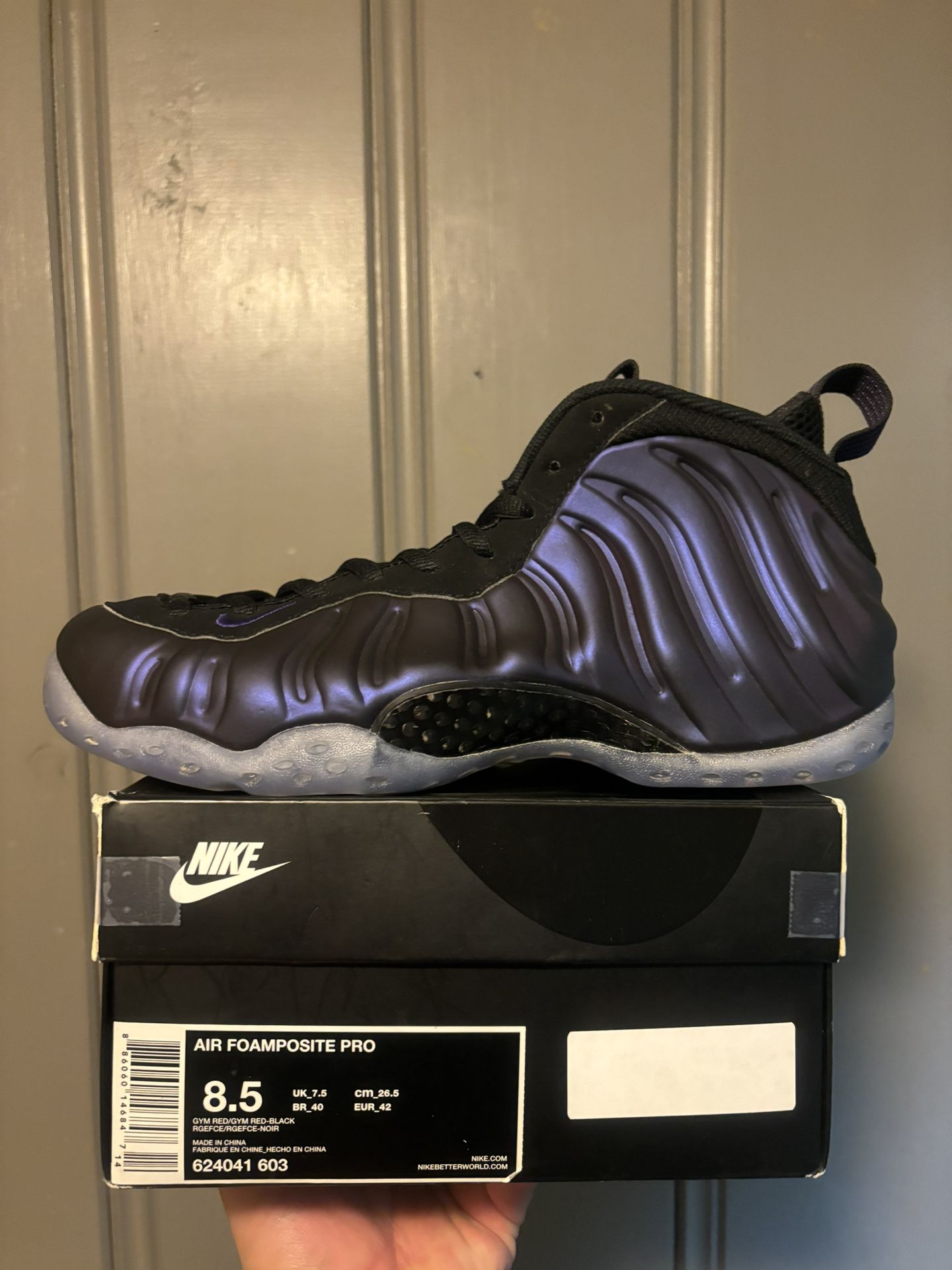 Nike Foamposite One “Eggplant” Size(8M). Worn. In Excellent Condition. Comes With Replacement Foam Box. $150. Cash. Trades Always Welcome. 
