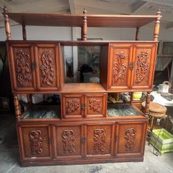 Vintage Asian Chinese Teak Engraved Entertainment Center Cabinet Shelf Hutch with Green Marble Tops