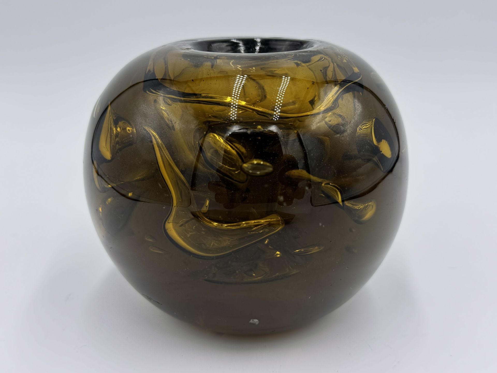 Hand Blown Glass Sphere Candle Holder Bubbles Amber Green