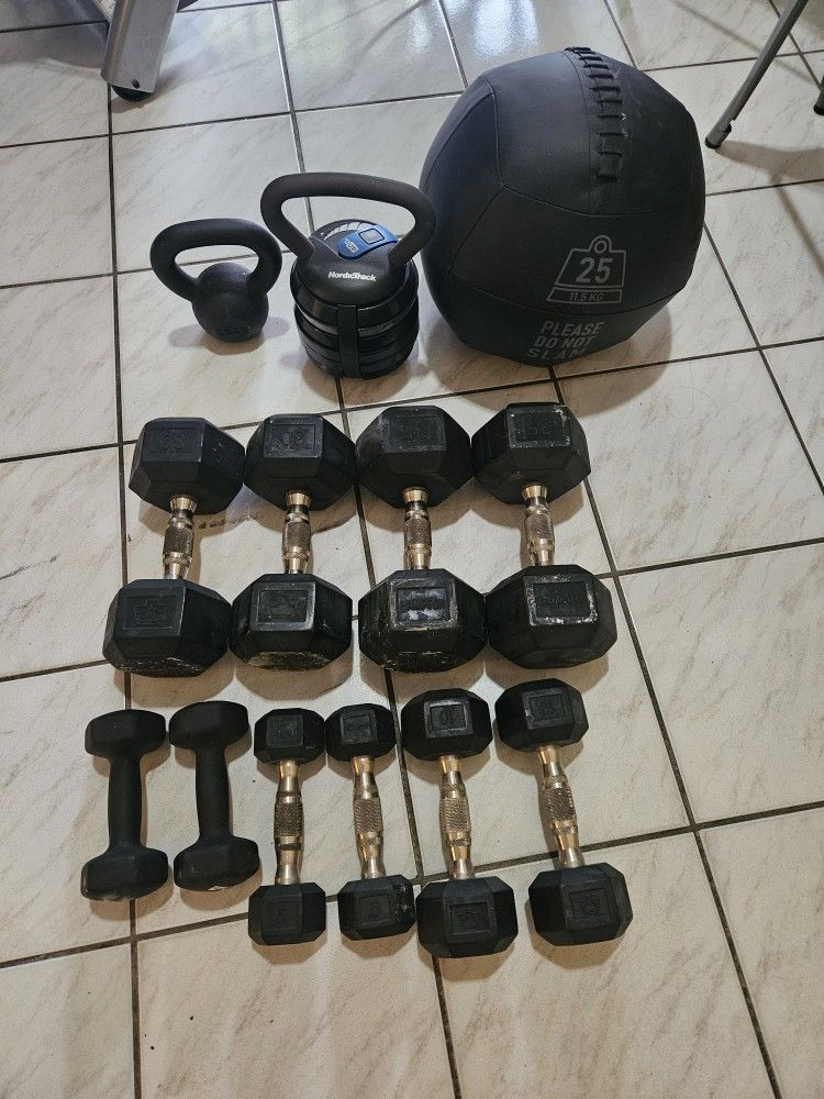 Dumbbells, Kettlebells, Slam Ball