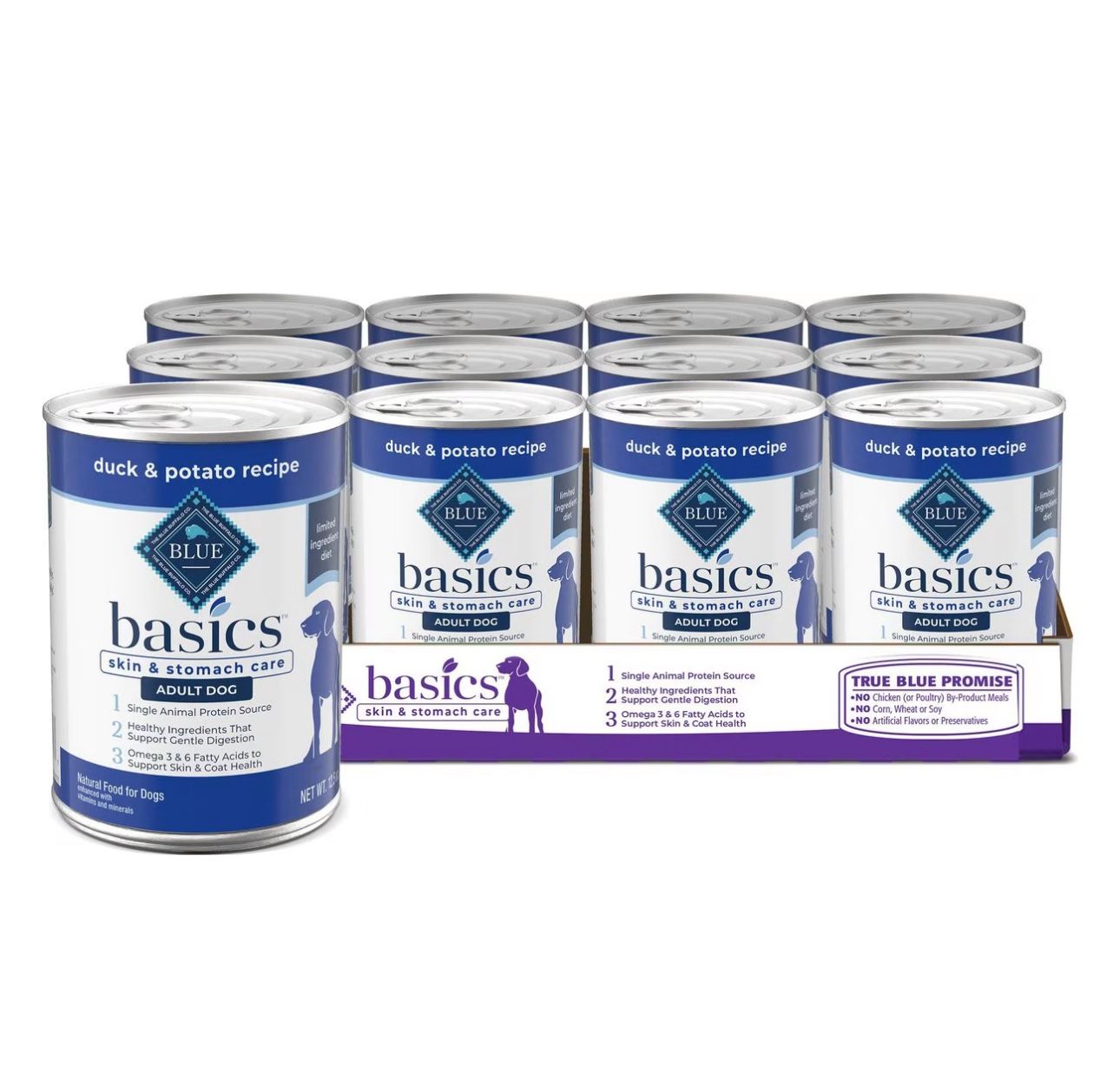 4 Cases of Blue Buffalo Basics Skin & Stomach Care Adult Grain-Free Duck & Potato Recipe Wet Dog Food, 12.5-oz can, 12 count