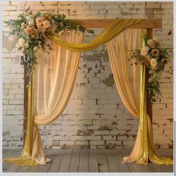 12''x18FT Reception Background Wedding Arch Drapes Gold Sequin Wedding Arch Draping Fabric Drapery for Bridal Shower Ceremony Reception Swag and Backd