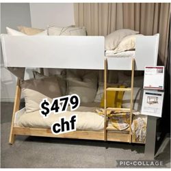 Wood Twin Over Twin Bunk Bed White and Natural