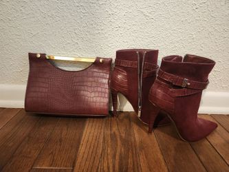 Burgundy Croc-Embossed Ankle Boots and Clutch Set