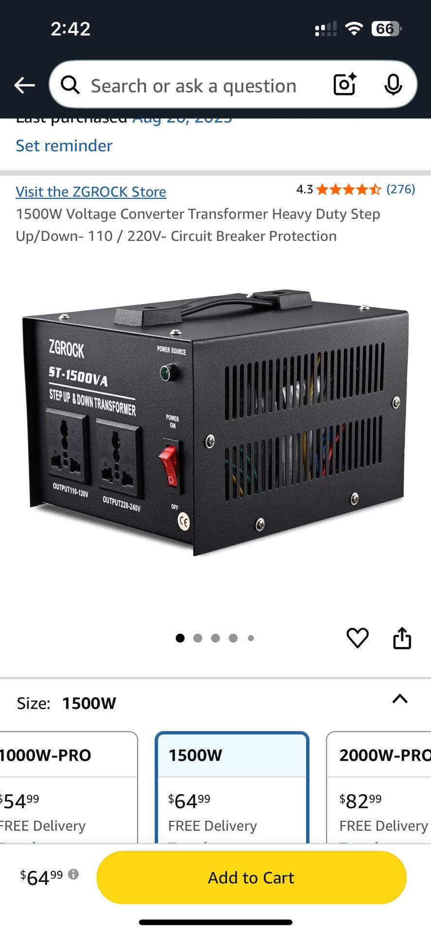 1500W Voltage Converter Transformer Heavy Duty Step Up/Down- 110 / 220V- Circuit Breaker Protection