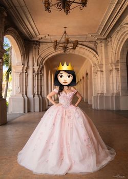 Quinceañera Dress, Crown, Necklace, Earrings, Crinoline. Blush Pink Off-Shoulder Corset Ball Gown XS