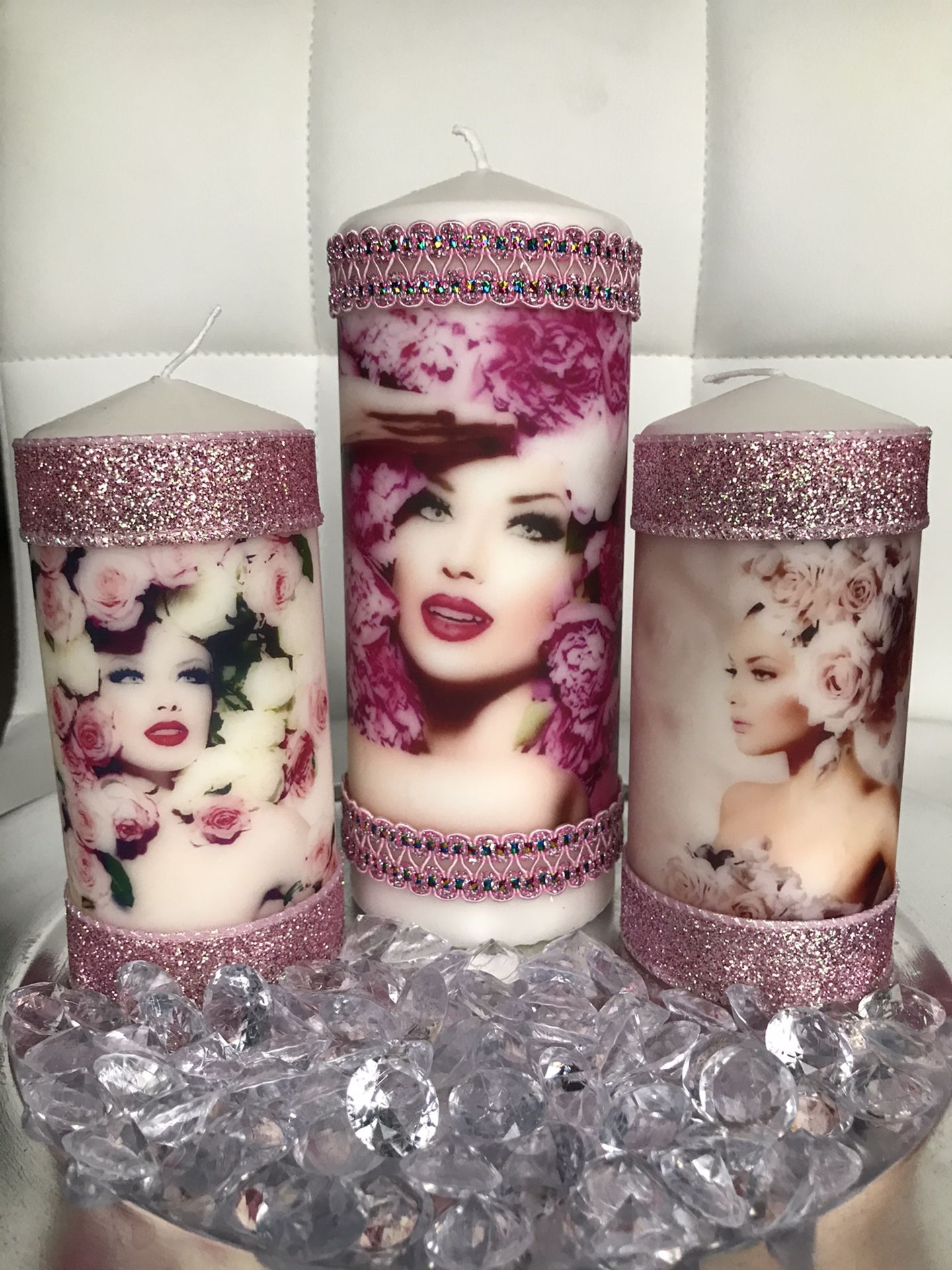 FASHION Homemade decorated custom unscented pillar candles set woman gift
