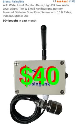 WiFi Water Level Monitor Alarm, High OR Low Water Level Alerts, Text & Email Notifications, Battery Powered, Stainless Steel Float Sensor with 10 ft C