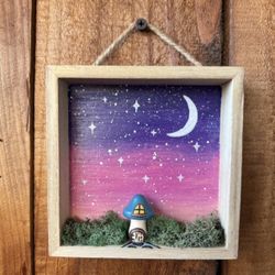 Hand Painted  And Wood Burned Shadow Box- Mushroom House 