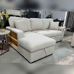 Beige Boucle sectional pullout sleeper couch