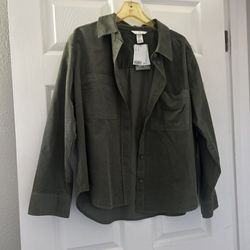 H M Shacket Shirt Jacket Womans  Size L Green Cotton Long Sleeve Button Up