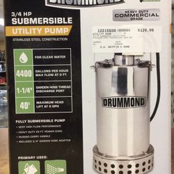 Drummond 3/4 HP Submersible Utility Pump Stainless Steel Construction 4400 GPH 