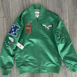 Philadelphia Eagles Mitchell & Ness Satin Bomber Kelly Green Jacket 