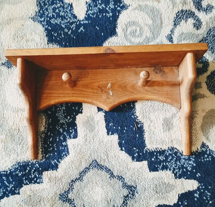 Vintage, Rustic Folk Artsy Floating Shelf w 3 pegs, cottage core decor
