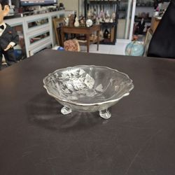 Vintage Mid 20th Century Duncan & Miller 3 Leg Candy Dish, Silver Flower Overlay Scalloped Edges 6.75" X 2.5"H