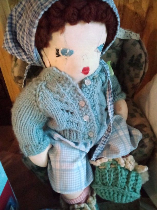 Handmade Doll, Clothed In Pants Sweater Booties And Scarf