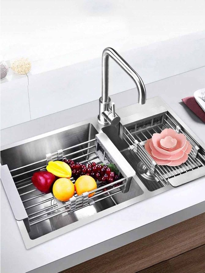 1pc Retractable Sink Rack, Drainage Rack, Stainless Steel Kitchen Basket, Household Dish Rack, Expandable Sink Rack, Suitable For Rectangular Sink