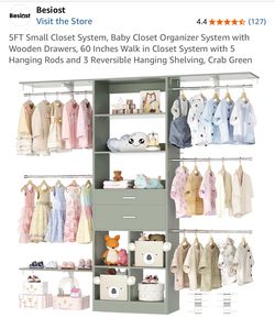 5FT Small Closet System, Baby Closet Organizer System with Wooden Drawers, 60 Inches Walk in Closet System with 5 Hanging Rods and 3 Reversible Hangin