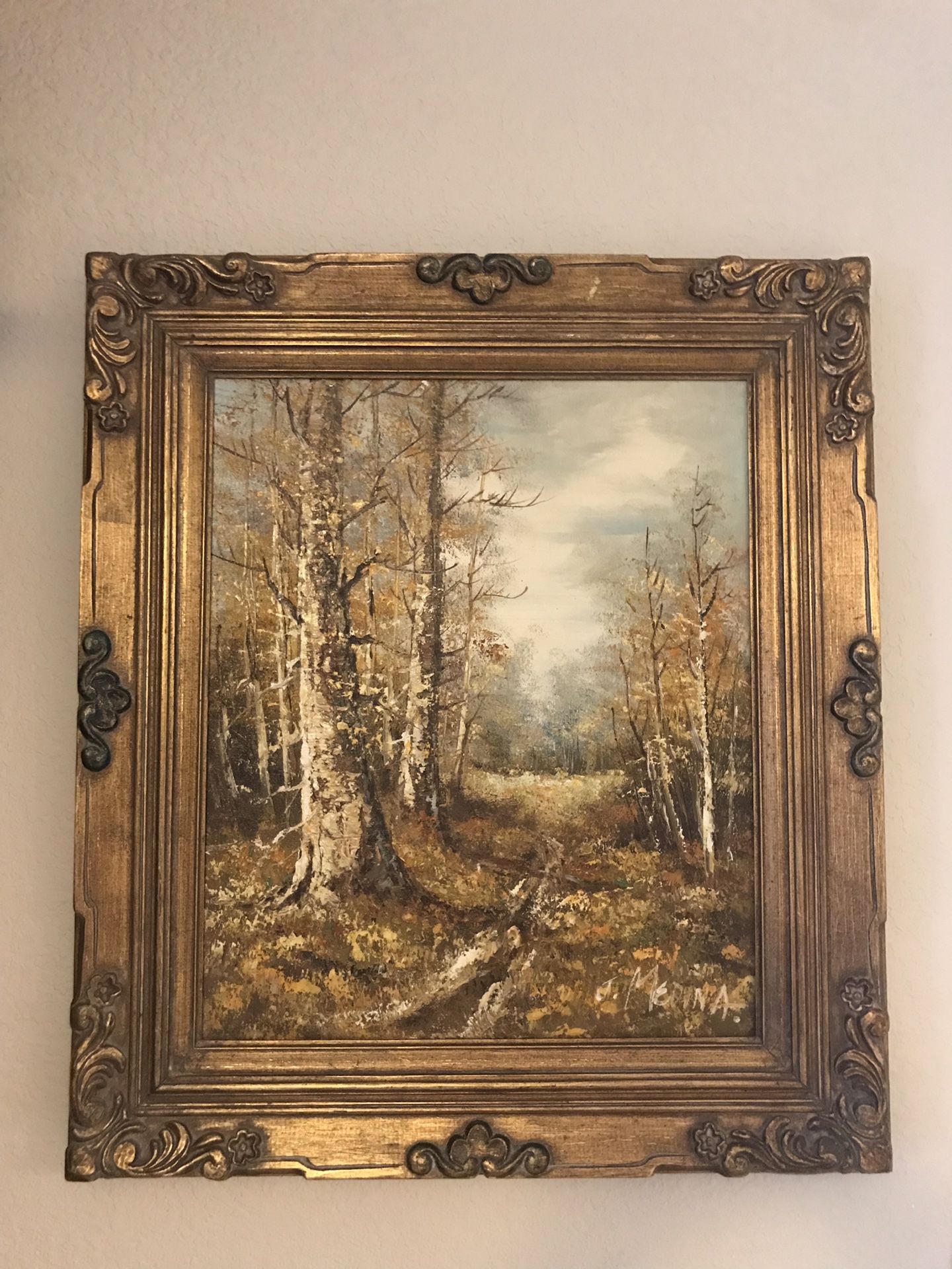 Original J. Medina Large Oil Painting with Gorgeous gold frame