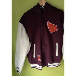 Zara Letterman Jacket Burgundy White Cream Wolf Men’s Jacket Sz Large NWT