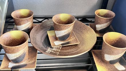 Japanese-Style 11-Piece Ceramic Tea Set – Earth Tone Brushstroke | Handcrafted Stoneware