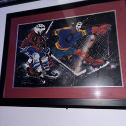 Signed Terry Rose Hockey Action Artwork – Framed, Dynamic Goalie Save Scene