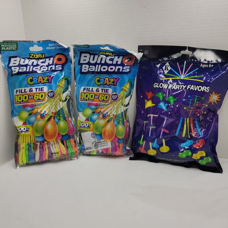 2 ZURU Bunch O Water Balloons 100 Balloons in 60 Seconds + Glow Party Favors Lot