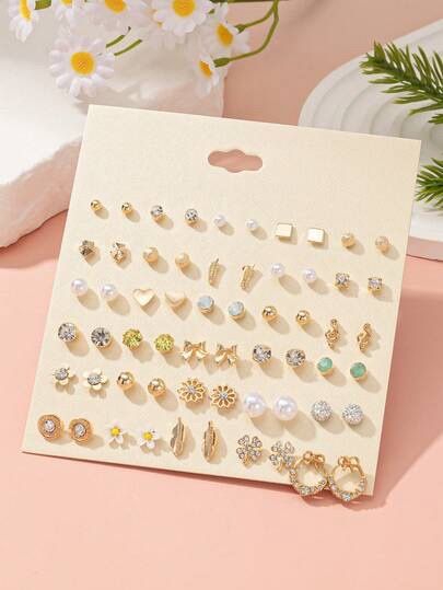 30 Pairs Assorted Minimalist Stud Earrings Set, Faux Pearl, Metal, Rhinestone, Bow, Flower, Musical Note Design, Suitable For Daily Wear And Commuting