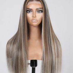 Lace Front Ash Blonde With Silver Highlight Straight Human Hair Wig Pre-cut 7x5