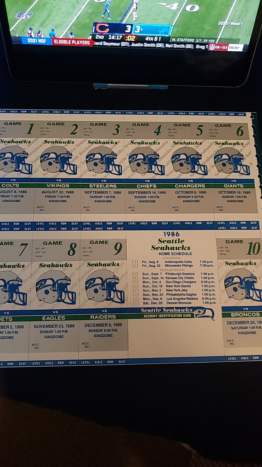 1986 uncut sheet of Seahawks tix