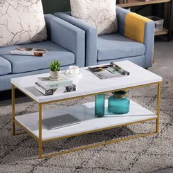 Faux Marble Coffee Table, 41.7" Marble Coffee Table White and Gold Coffee Table Marble Top Coffee Table White Marble Coffee Table with Metal Frame for