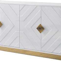 White or Gray or Navy High Gloss Lacquer Sideboard/Buffet with Gold Trim