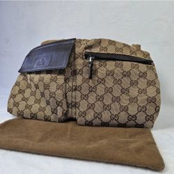 Gucci GG Canvas Belt Bag Fanny Pack Waist Pouch Brown Web Strap Authentic