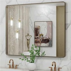 9205: New LOAAO 40”X32” Bronze Bathroom Mirrors for Vanity, Rounded Rectangle Brushed Bronze Metal Frame Mirror, Anti-Rust, Tempered Glass, Hangs Hori