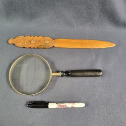 Vintage Hand Carved Letter Opener & Magnifying Glass