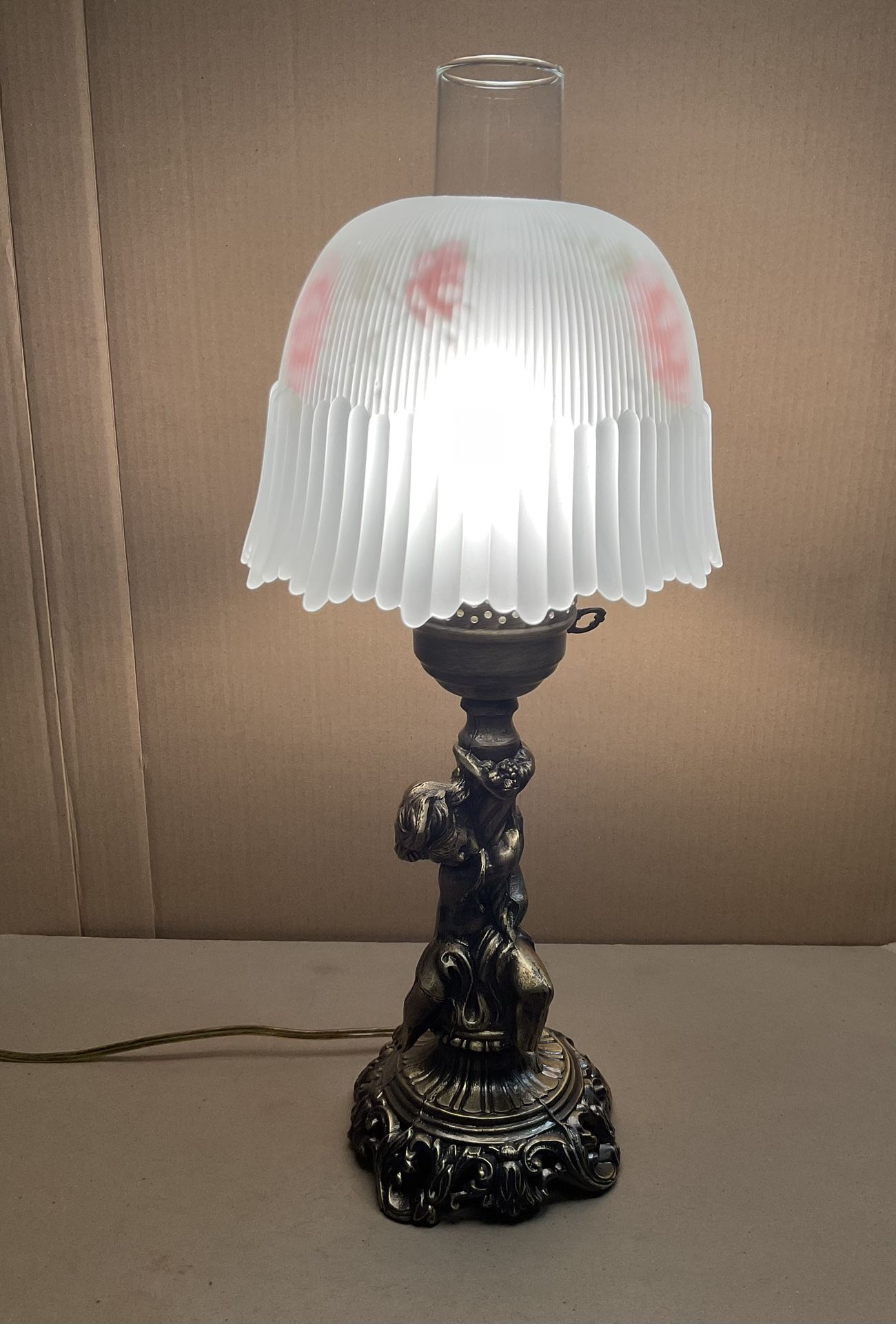 Vintage Brass Metal Cherub Angel Child Glass Shade Chimney Lamp