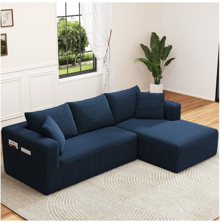 Focalsweet 107" L-Shaped Sofa Couch, Modular Sectional LivingRoom Sofa Set, Corduroy, No Assembly, Blue