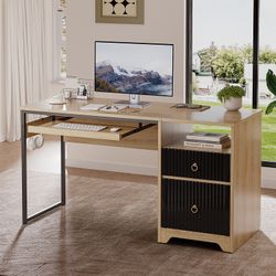 56"W Writing Computer Desk With Storage And Keyboard Tray, Natural Oak
