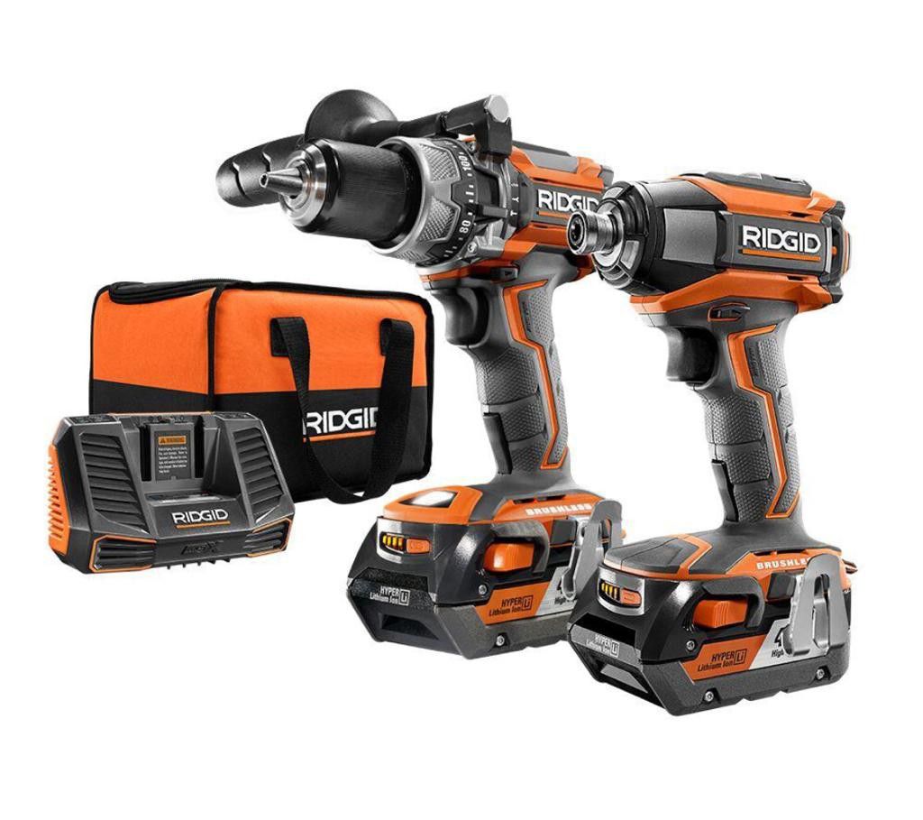 RIDGID 18-Volt Lithium-Ion Cordless Brushless Hammer Drill and Impact Driver 2-Tool Combo Kit with (2) 4.0Ah Batteries, Charger