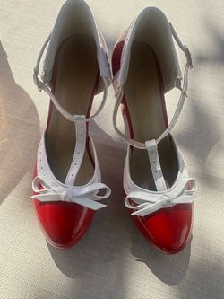 Red Women's Block High Heels T-Strap Mary Jane Pumps Chunky Platform Ankle Strap Round Toe Cute Bow Kawaii Cosplay Shoes