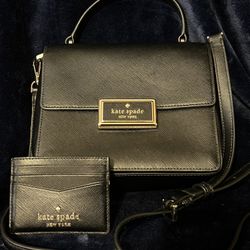 Kate Spade New York Reegan leather handle satchel crossbody in Black has Signature magnetic closure with gold hardware w Slim Cardholder