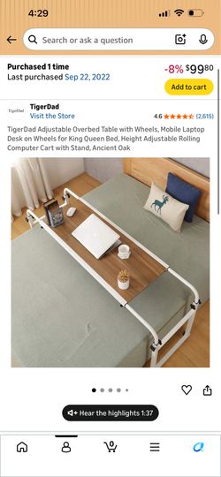 TigerDad Adjustable Overbed Table with Wheels, Mobile Laptop Desk on Wheels for King Queen Bed, Height Adjustable Rolling Computer Cart with Stand, An