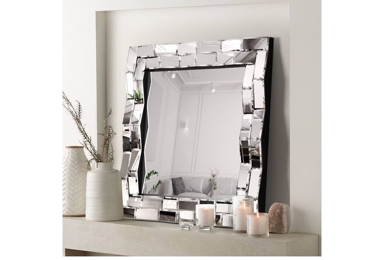24 inch Wall Mirrors Decorative Square Abstract Wall Mirror Wave Shaped Wall Mounted Home Decor for Living Room Bathroom Entryway